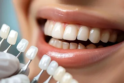 Escala de cores de facetas dentárias sendo comparada com o sorriso do paciente