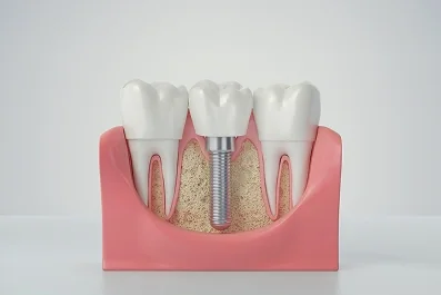 Modelo anatômico mostrando um implante dentário fixado no osso