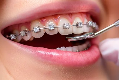 Close de dentes com aparelho ortodôntico fixo sendo ajustado